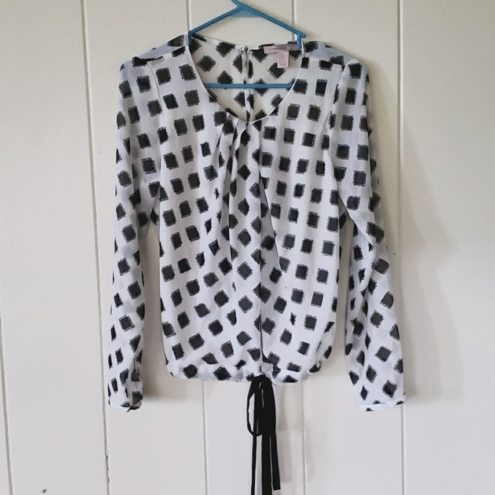 Forever 21 Womens White Black Check Long Sleeve w Cinch Tie Drop Waist M